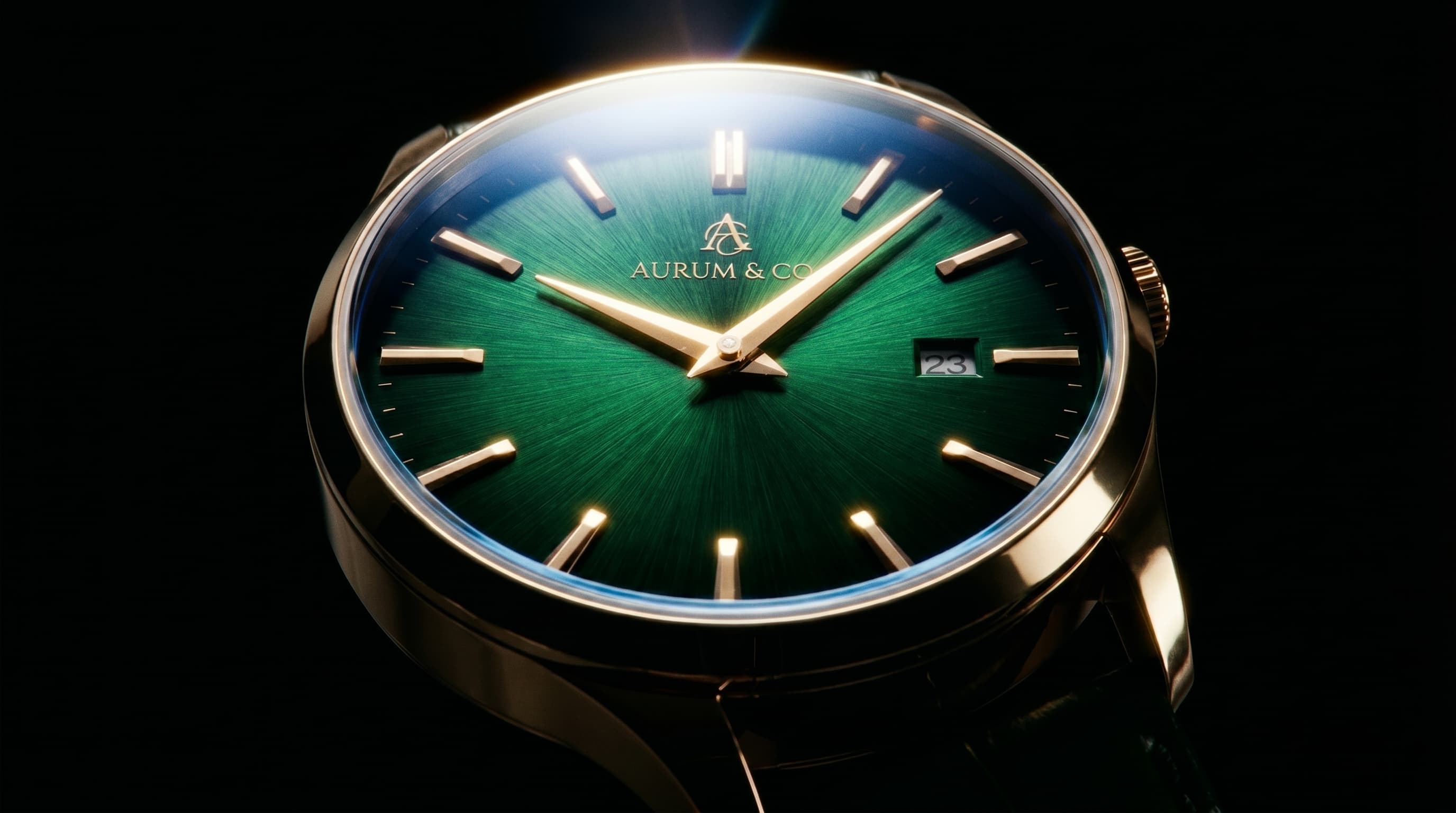 AURUM & CO. Sovereign — Emerald sunburst dial with 18K gold indices